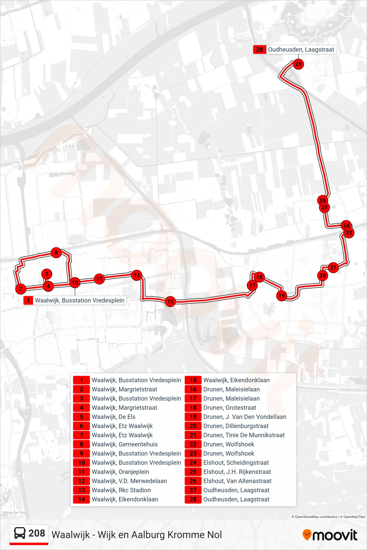 Lijn 208 (bus, Oudheusden): route en haltes op de kaart