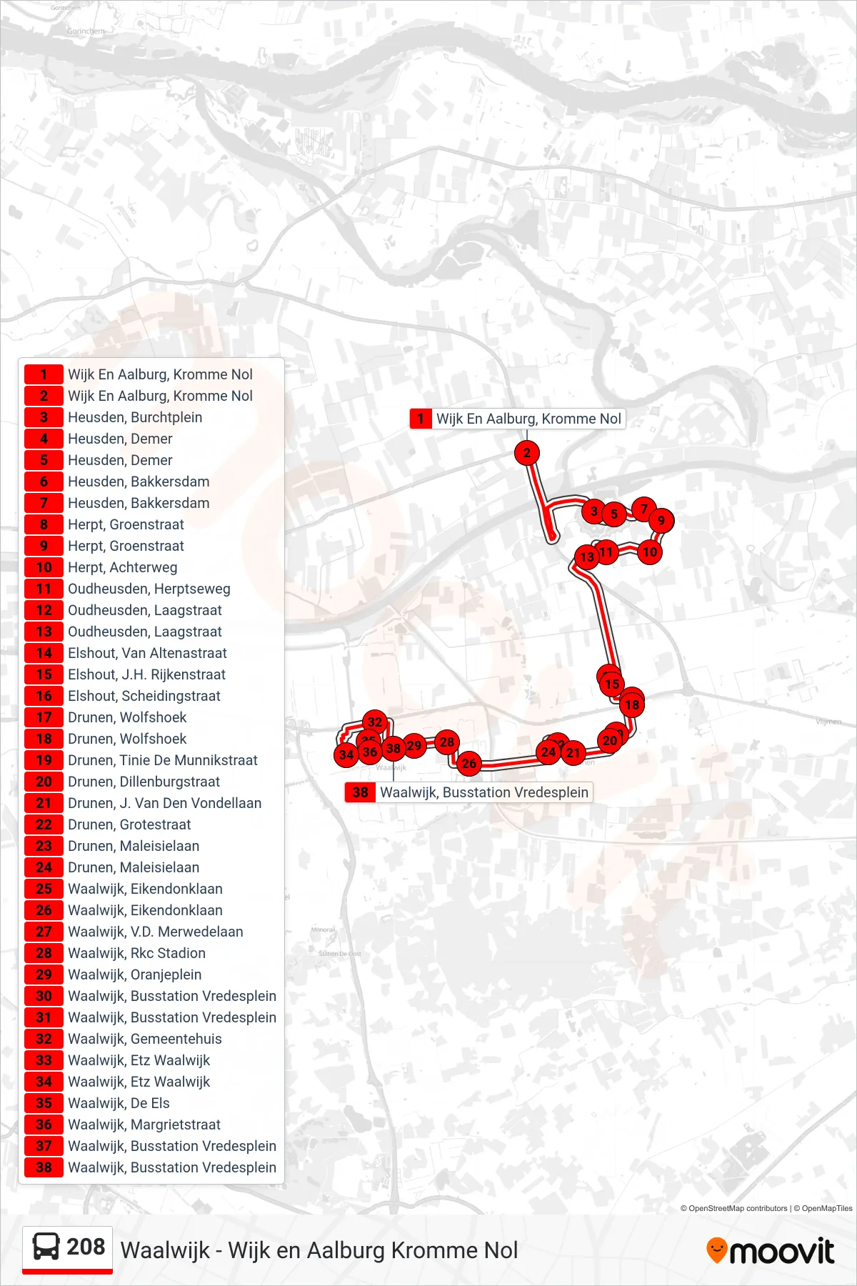 Lijn 208 (bus, Waalwijk): route en haltes op de kaart