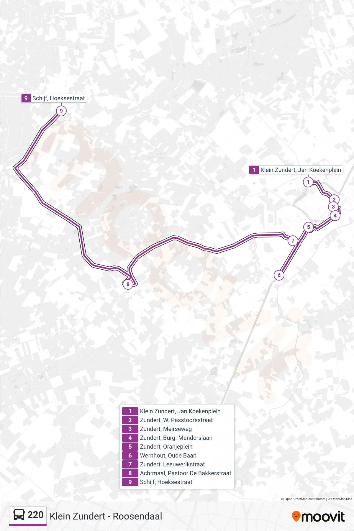 220 bus Line (Schijf) route and stops on a map