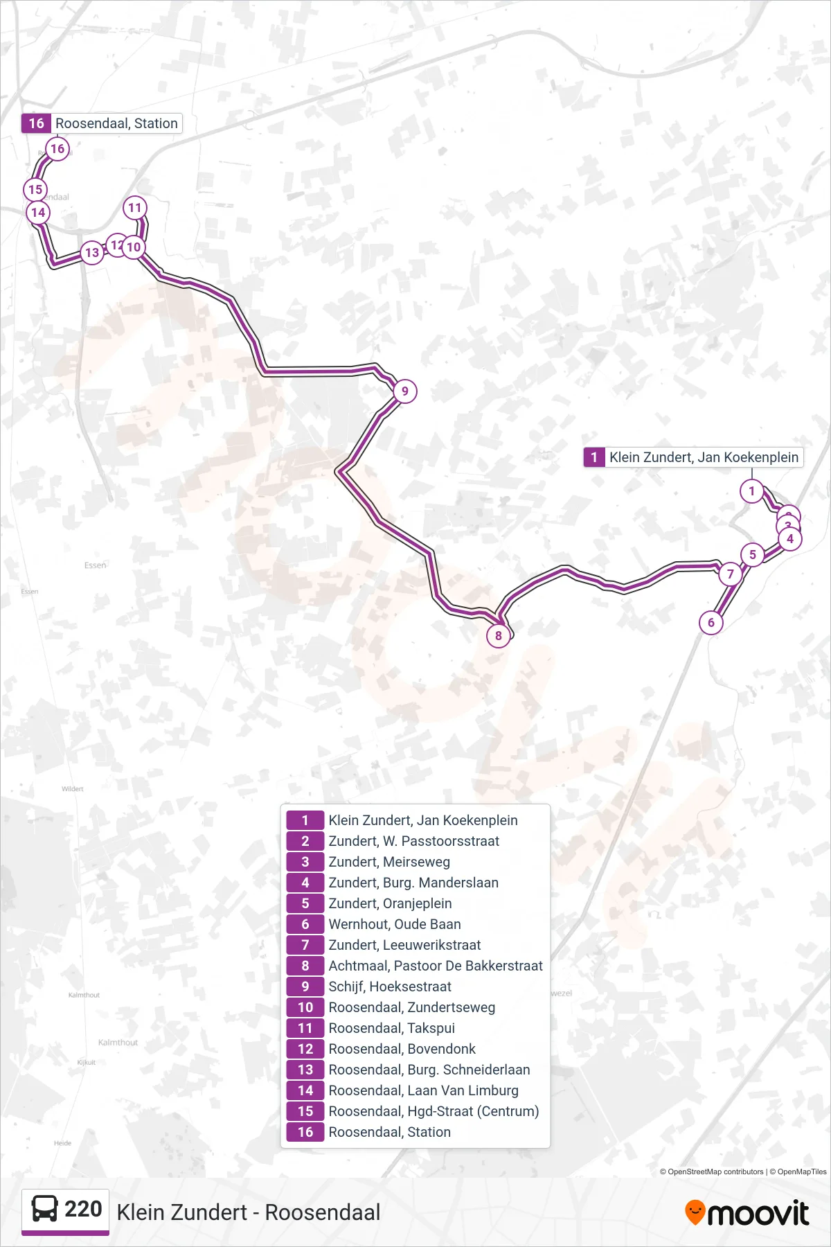 Lijn 220 (bus, Roosendaal): route en haltes op de kaart