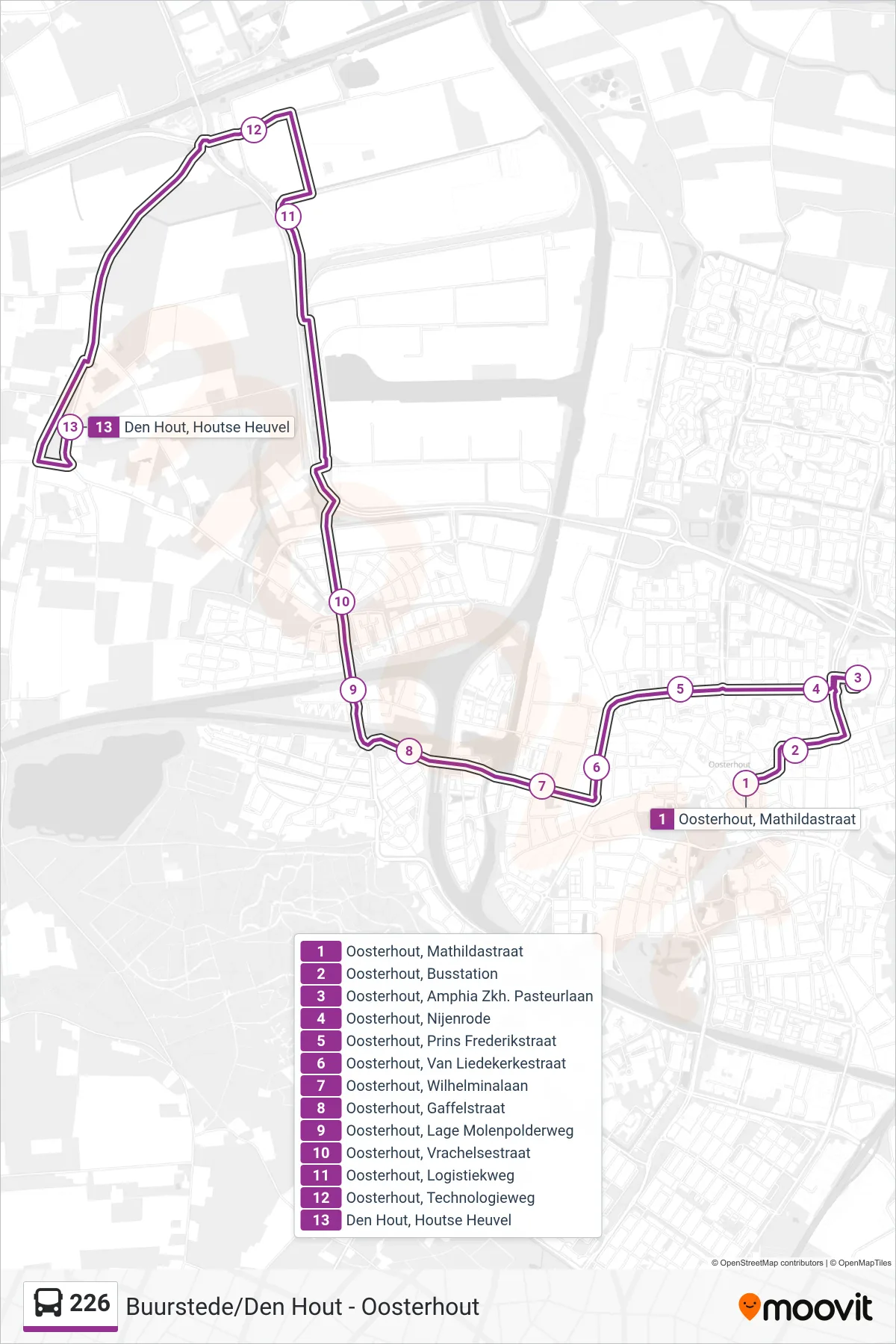 Lijn 226 (bus, Den Hout): route en haltes op de kaart