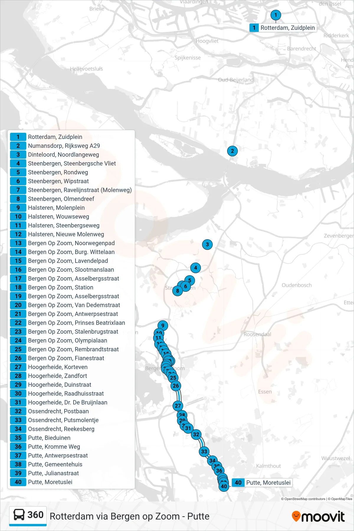 360 bus Line (Putte) route and stops on a map
