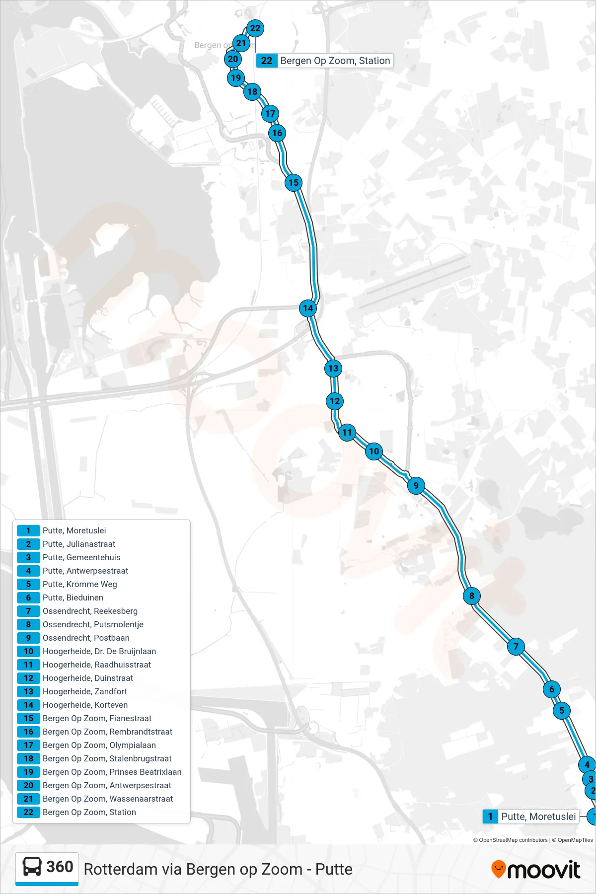 360 bus Line (Bergen Op Zoom) route and stops on a map