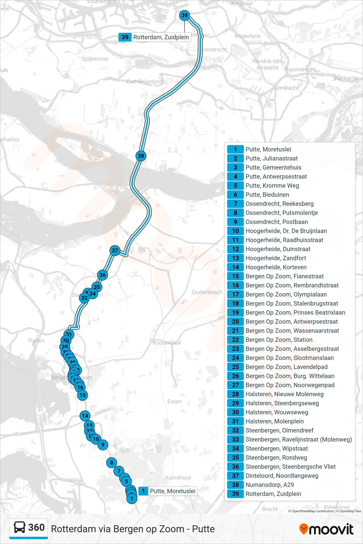 360 bus Line (Rotterdam) route and stops on a map