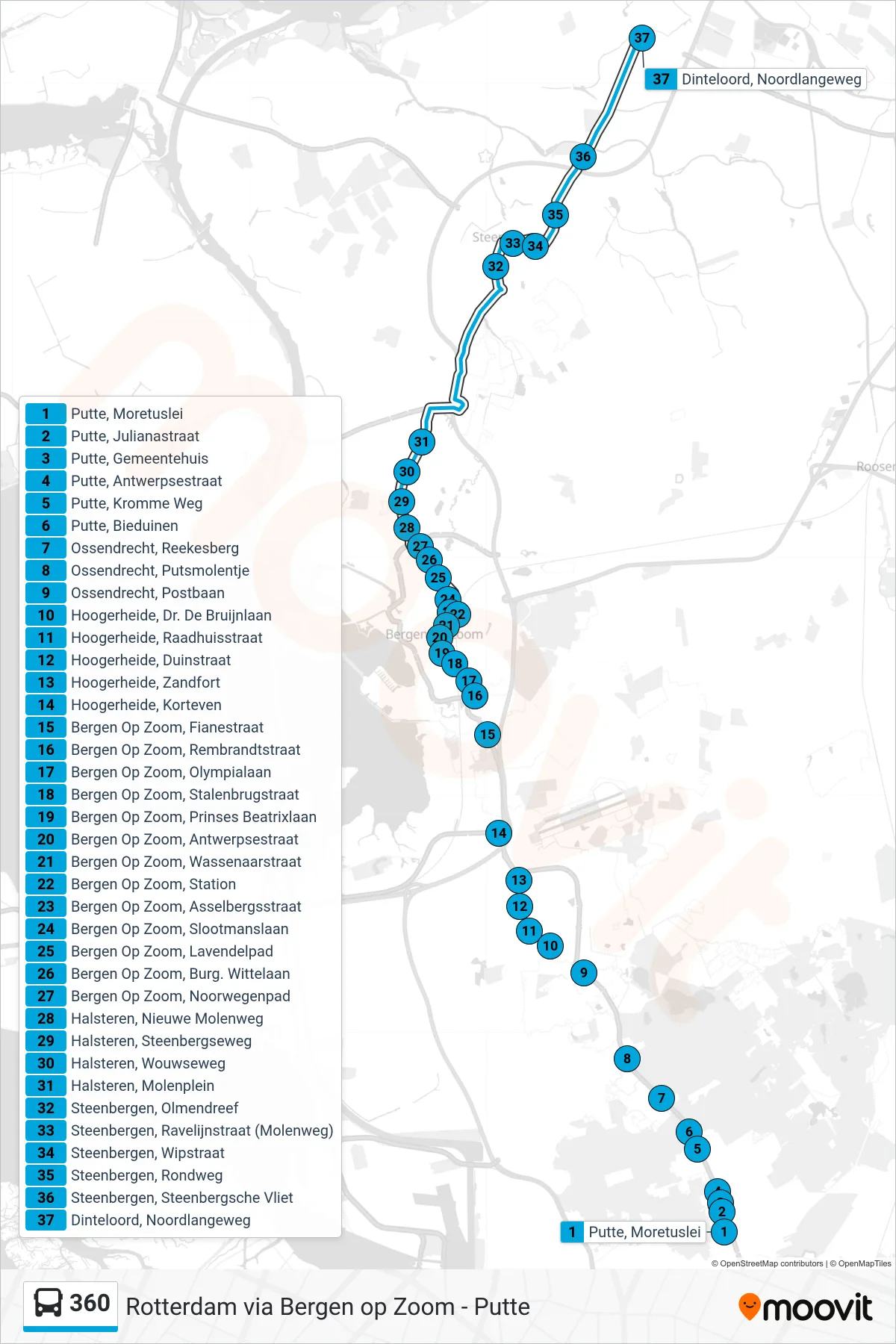 Lijn 360 (bus, Dinteloord): route en haltes op de kaart