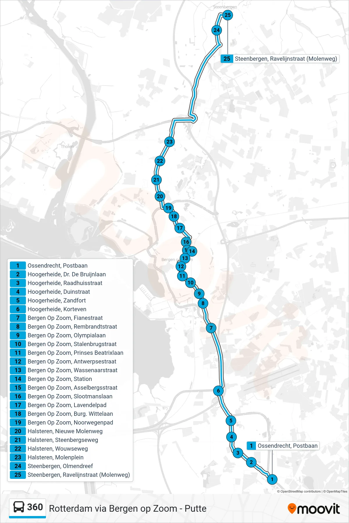360 bus Line (Steenbergen) route and stops on a map