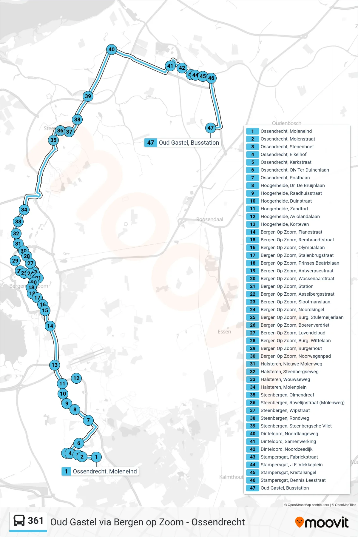 361 bus Line (Oud Gastel) route and stops on a map