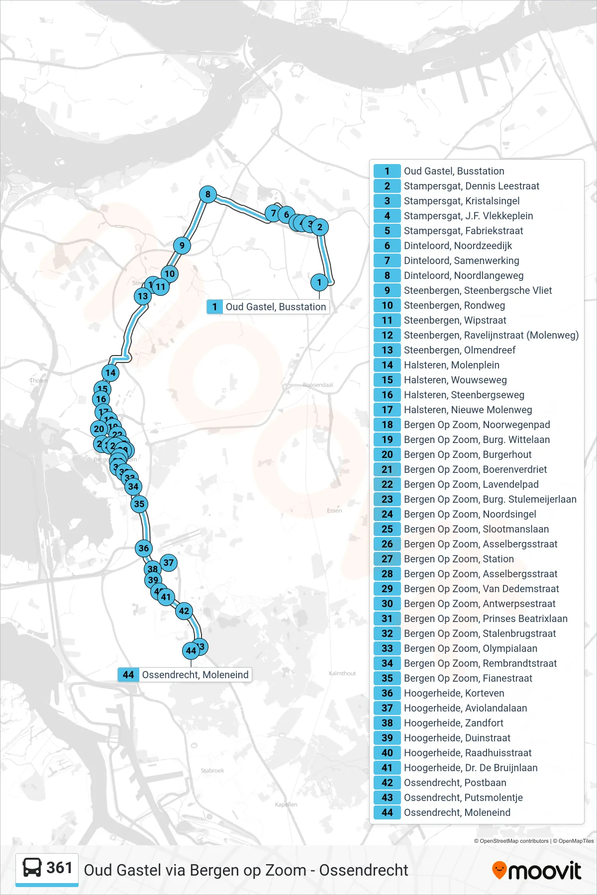 Lijn 361 (bus, Ossendrecht): route en haltes op de kaart