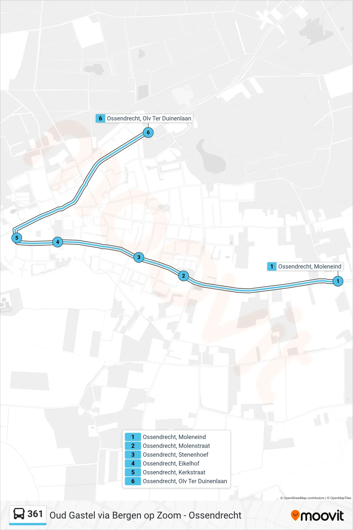 361 bus Line (Ossendrecht) route and stops on a map