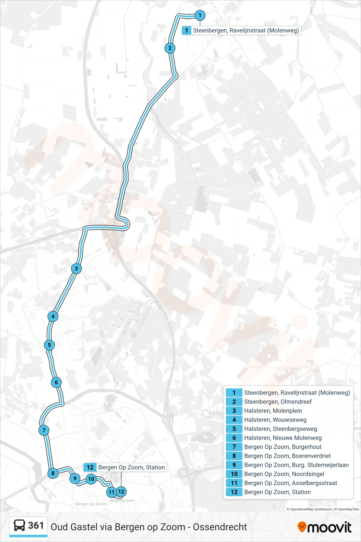 361 bus Line (Bergen Op Zoom) route and stops on a map