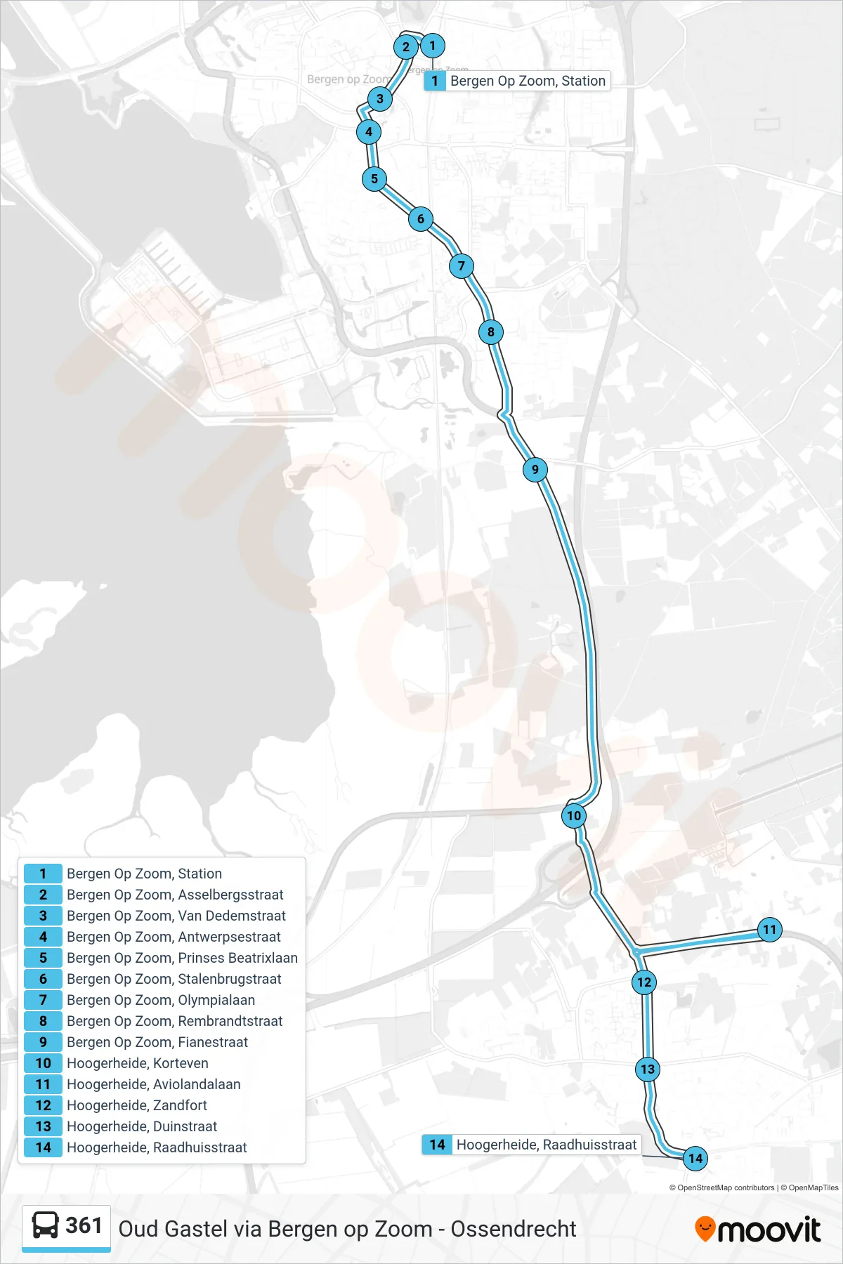 Lijn 361 (bus, Hoogerheide): route en haltes op de kaart