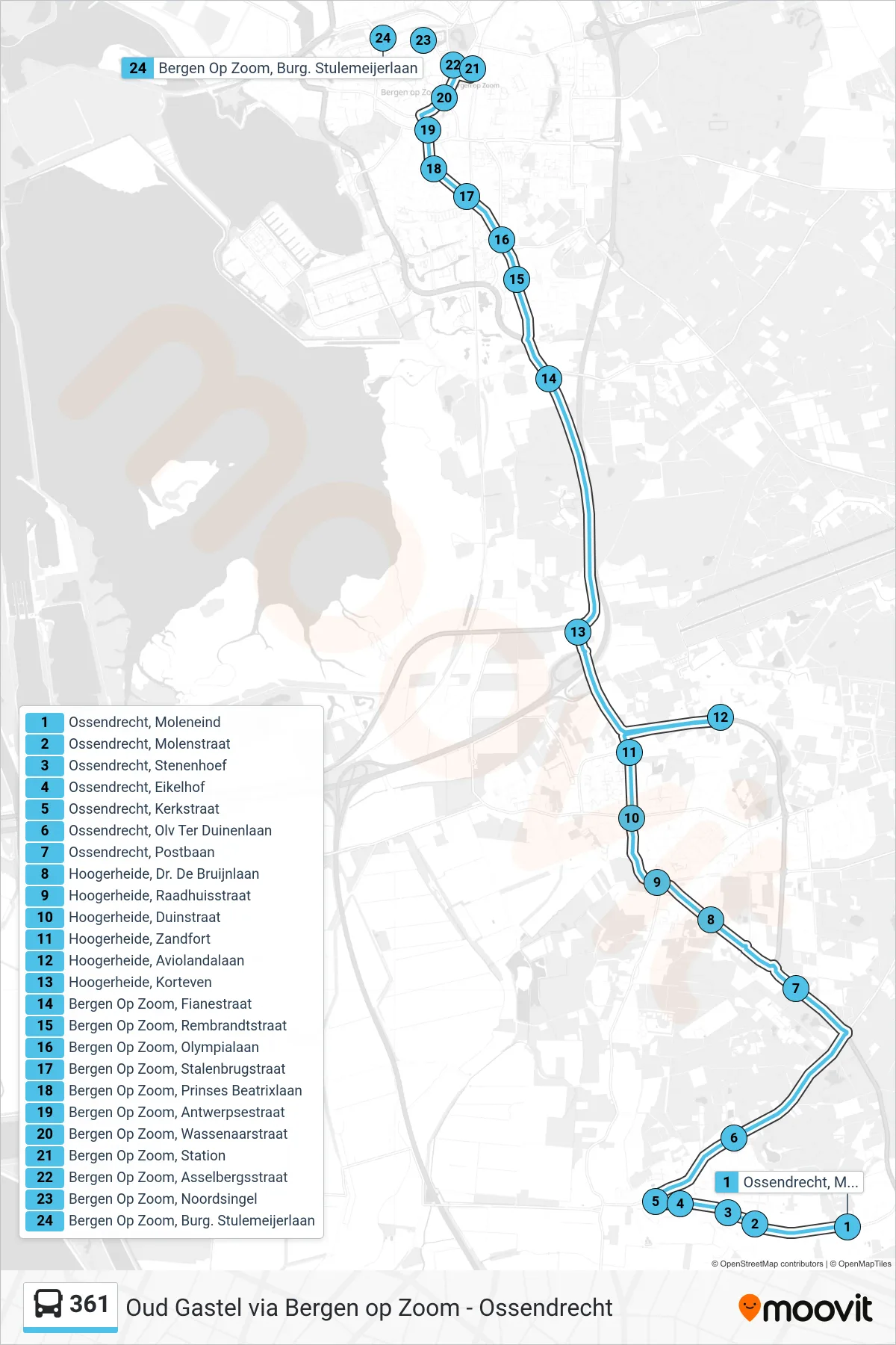Lijn 361 (bus, Bergen Op Zoom): route en haltes op de kaart