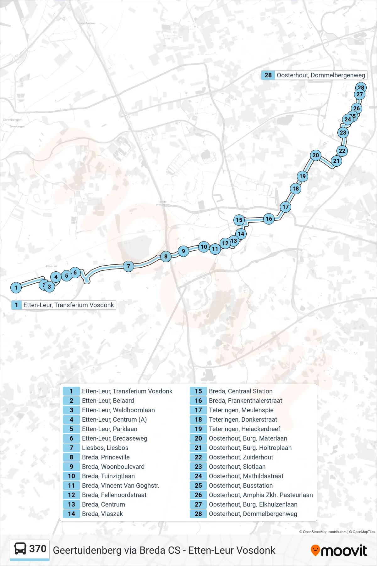 370 bus Line (Oosterhout) route and stops on a map