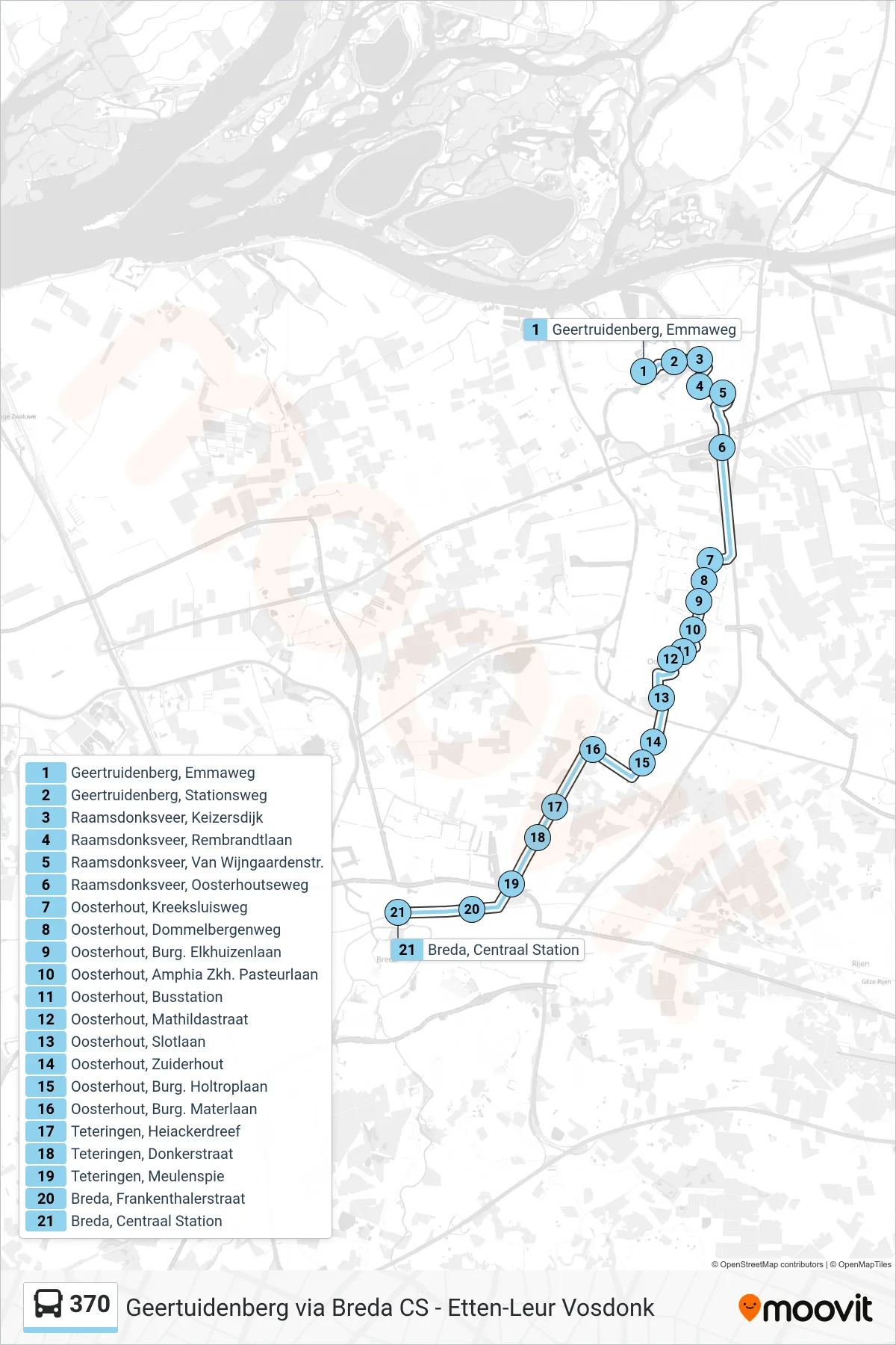 370 bus Line (Breda) route and stops on a map