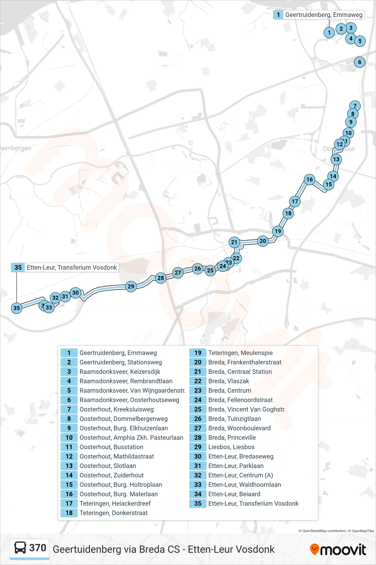 Lijn 370 (bus, Etten-Leur): route en haltes op de kaart