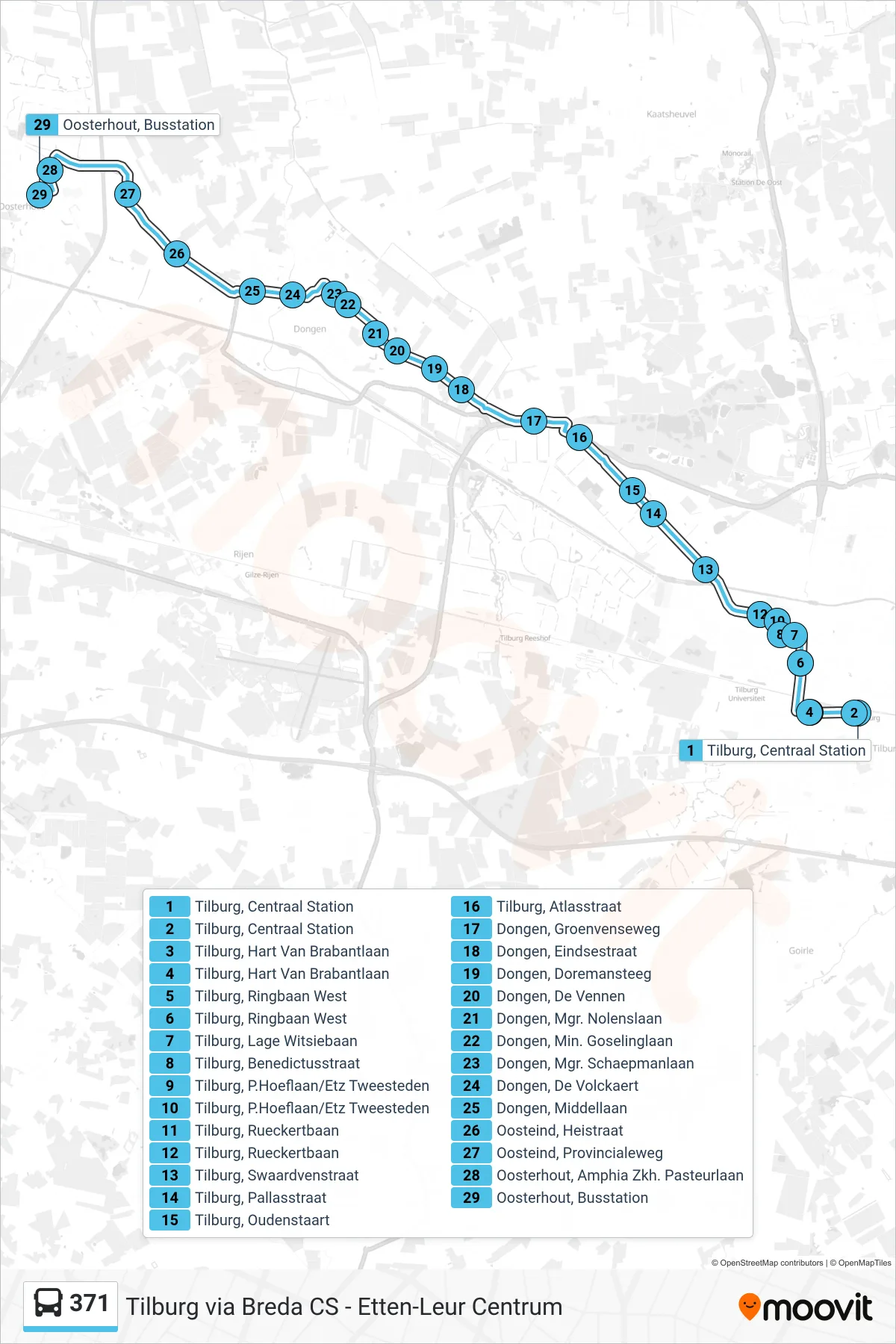Lijn 371 (bus, Oosterhout): route en haltes op de kaart