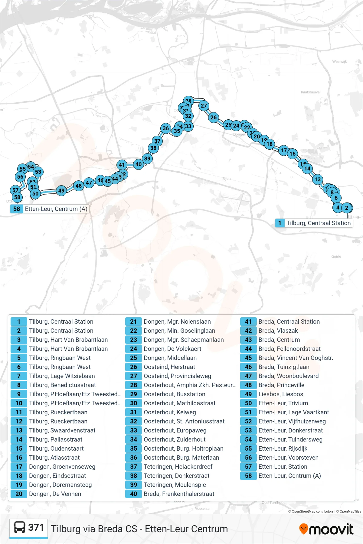 371 bus Line (Etten-Leur) route and stops on a map