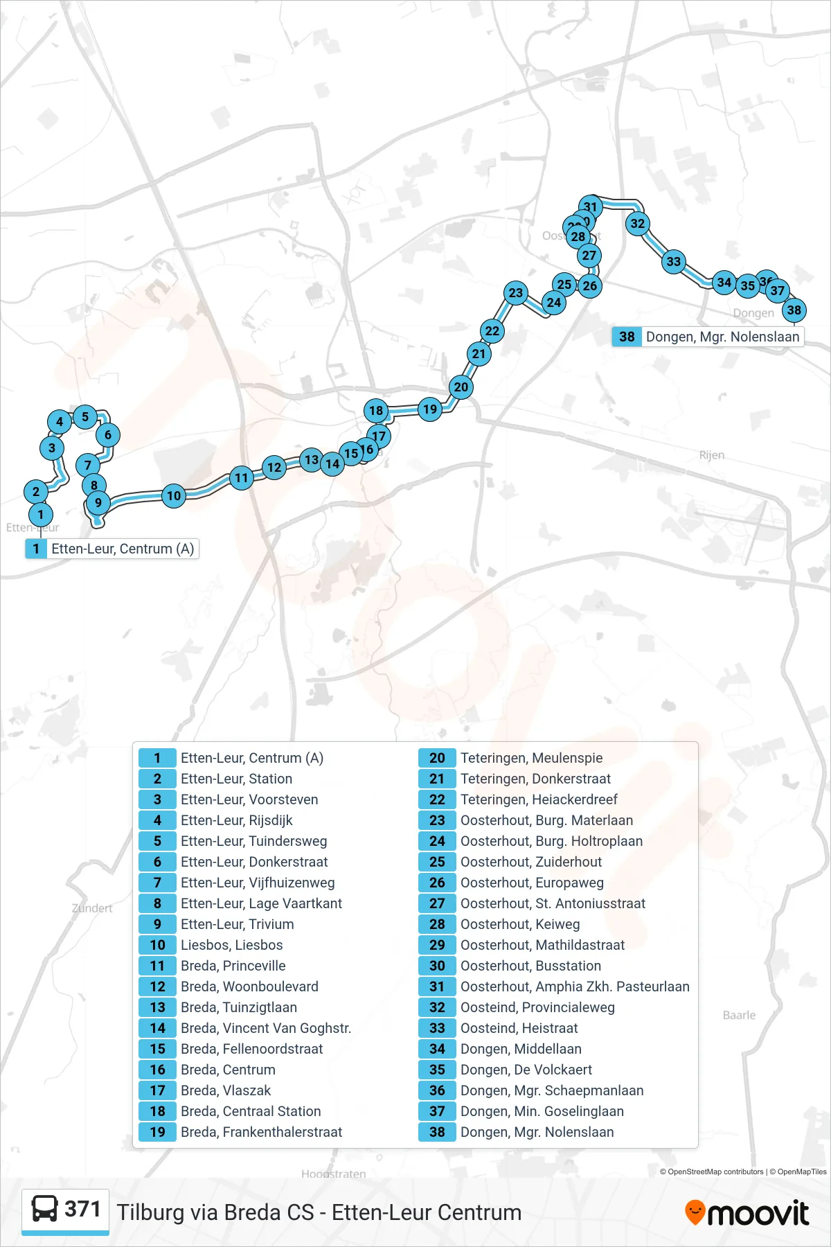 Lijn 371 (bus, Dongen): route en haltes op de kaart