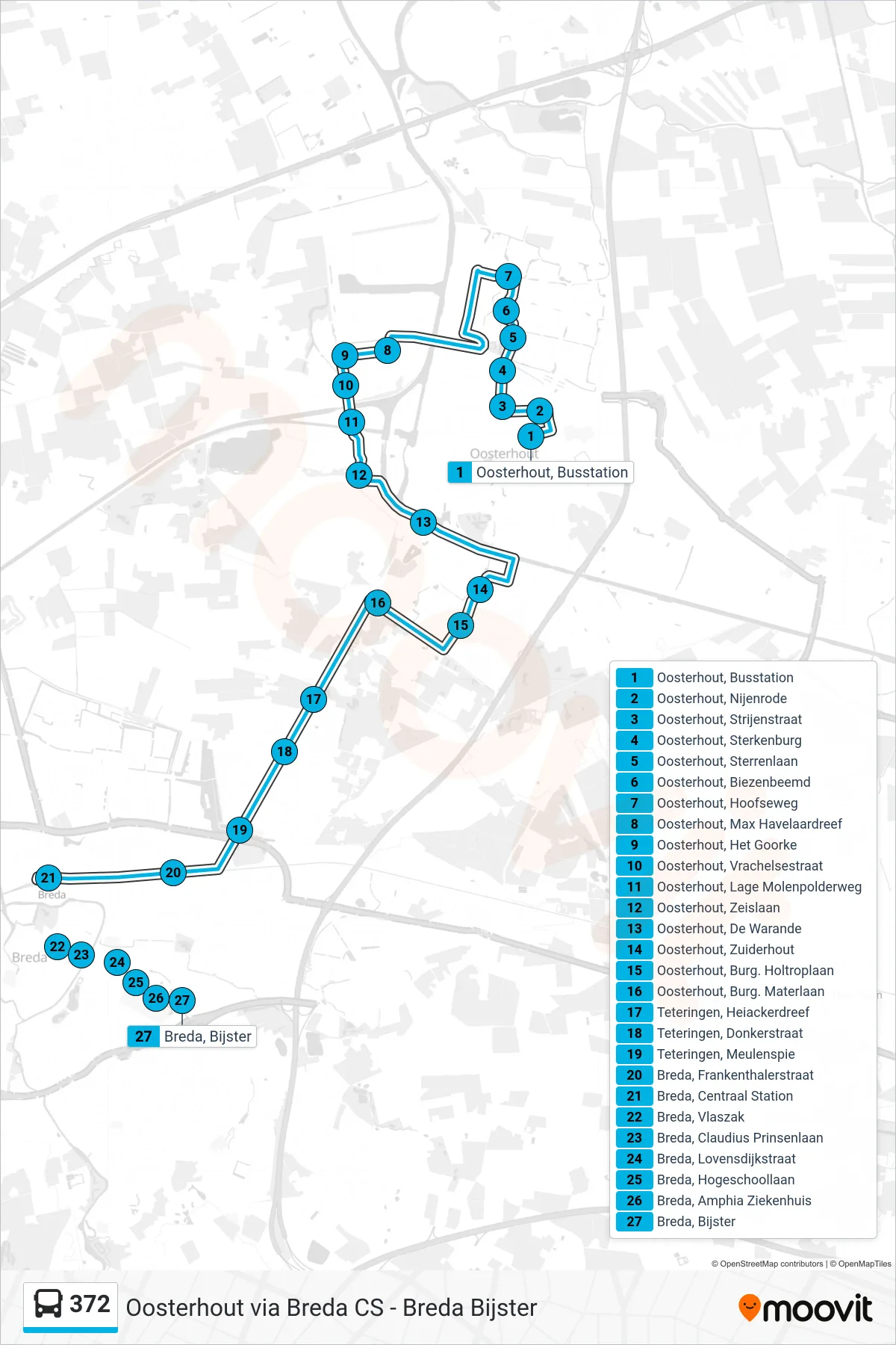 372 bus Line (Breda) route and stops on a map