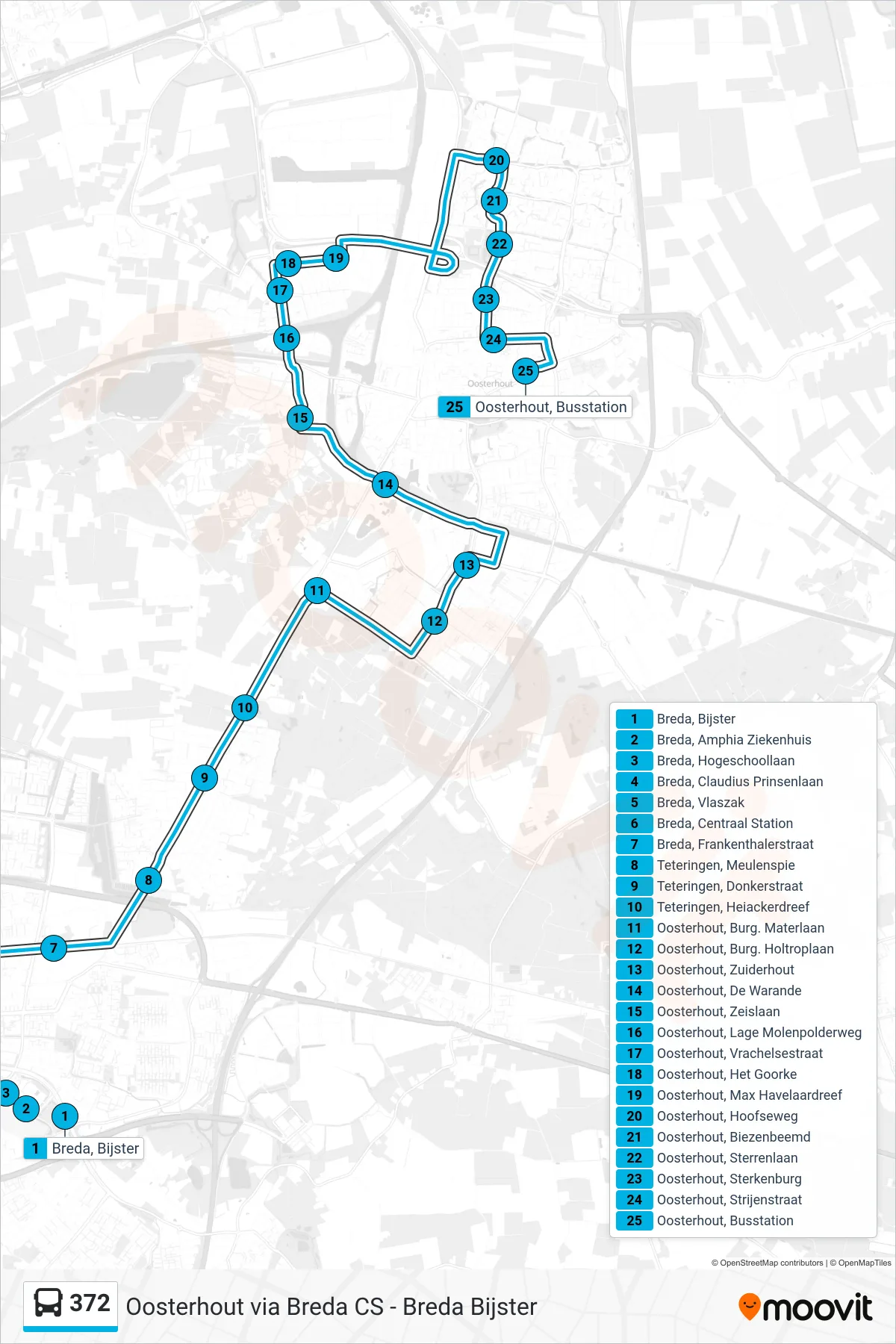 Lijn 372 (bus, Oosterhout): route en haltes op de kaart