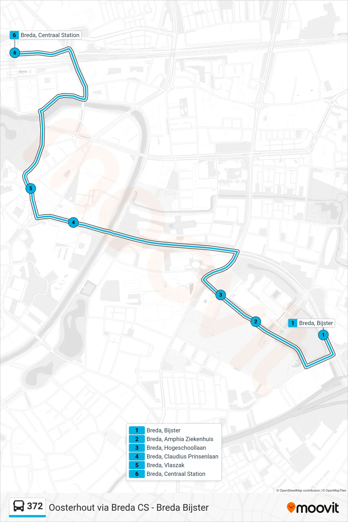 Lijn 372 (bus, Centraal Station): route en haltes op de kaart