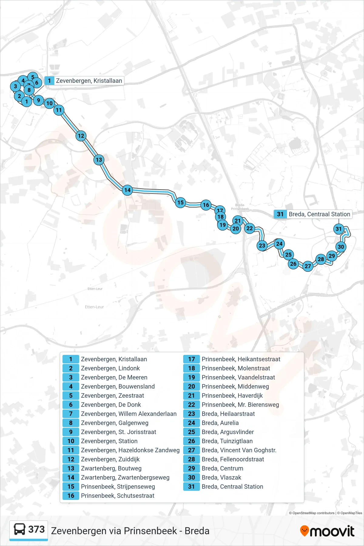 373 bus Line (Breda) route and stops on a map