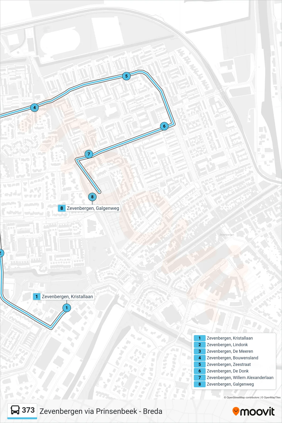 Lijn 373 (bus, Zevenbergen): route en haltes op de kaart