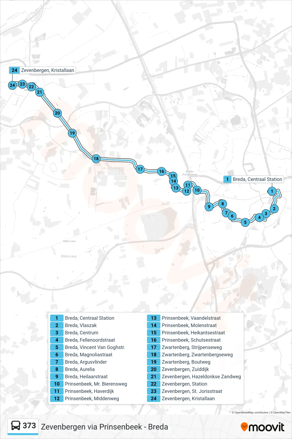 Lijn 373 (bus, Zevenbergen): route en haltes op de kaart