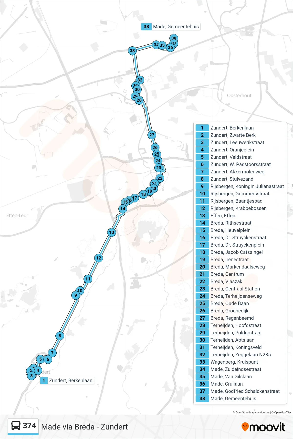 374 bus Line (Made) route and stops on a map