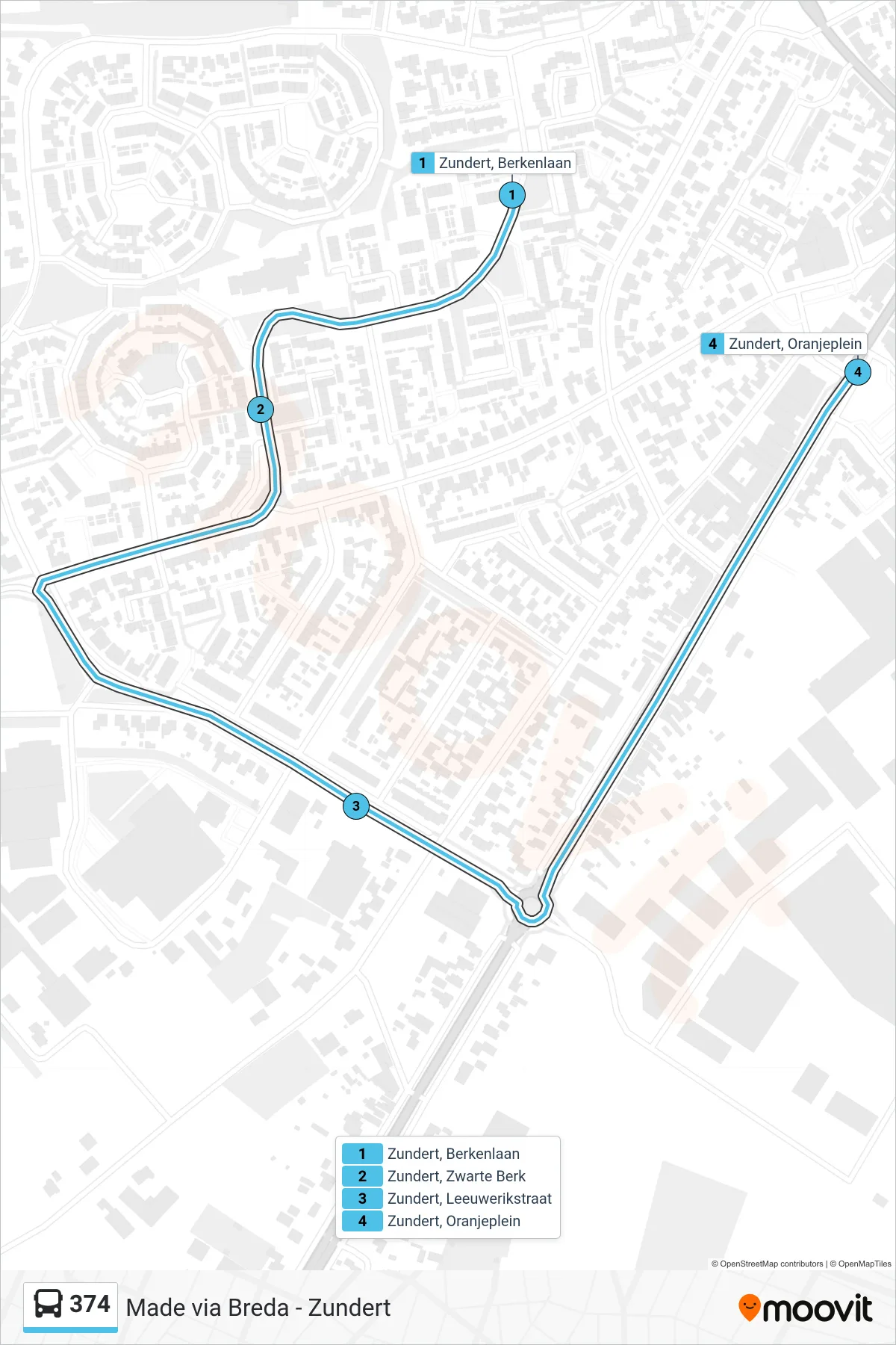 374 bus Line (Zundert) route and stops on a map