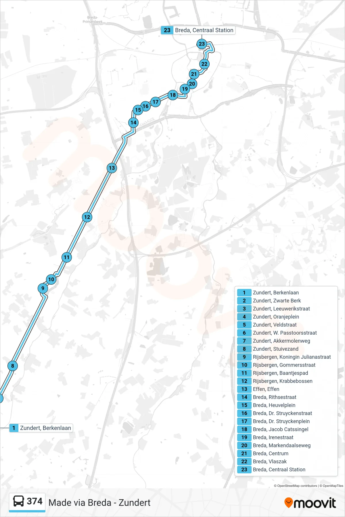 Lijn 374 (bus, Breda): route en haltes op de kaart