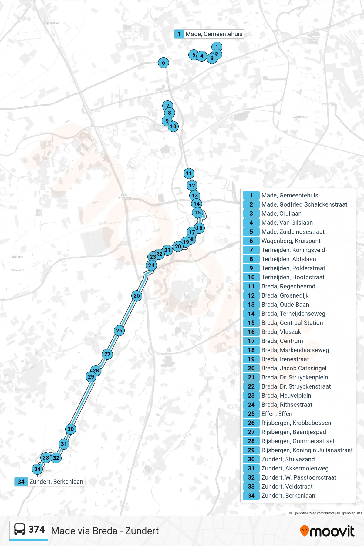 374 bus Line (Zundert) route and stops on a map