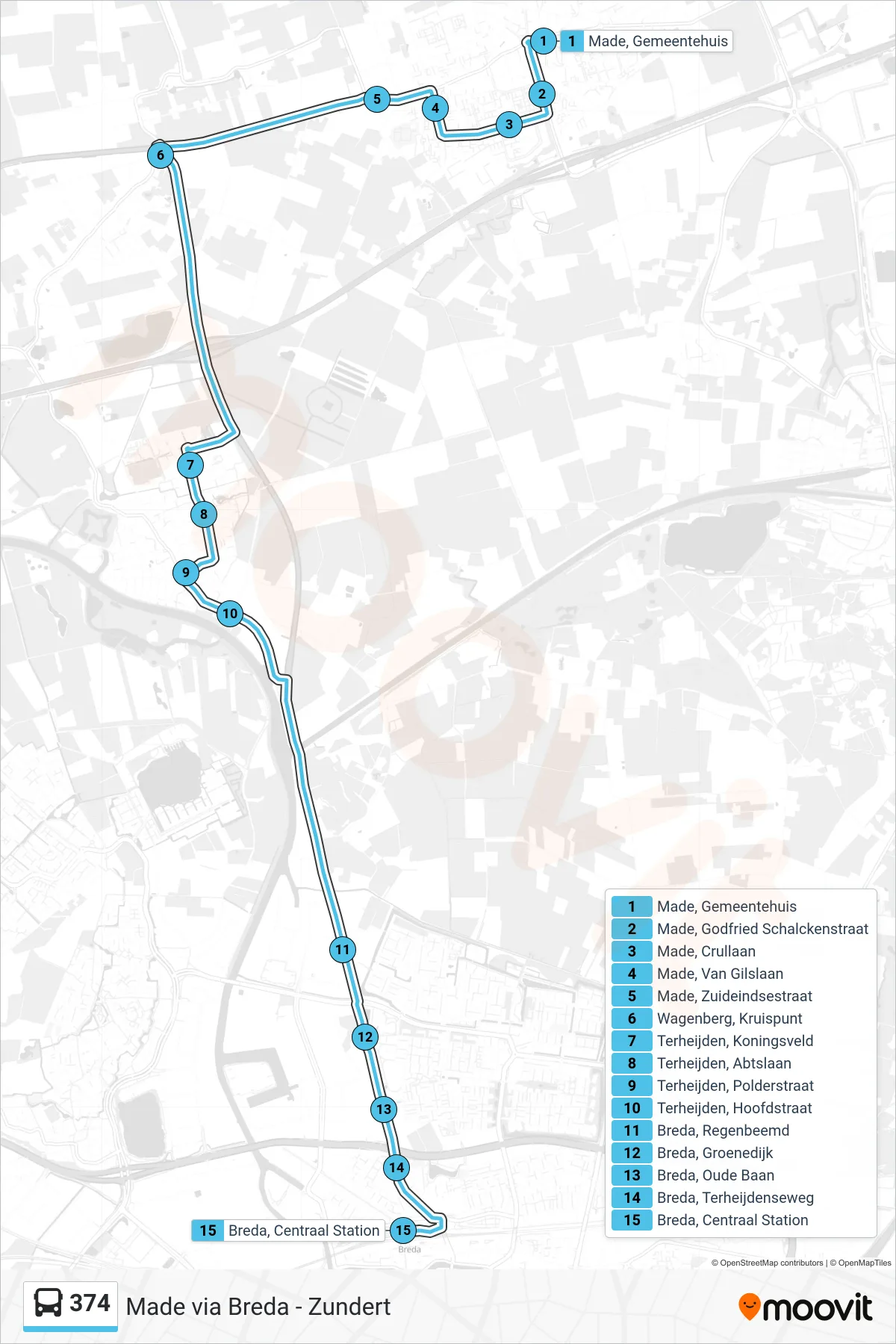 Lijn 374 (bus, Breda): route en haltes op de kaart