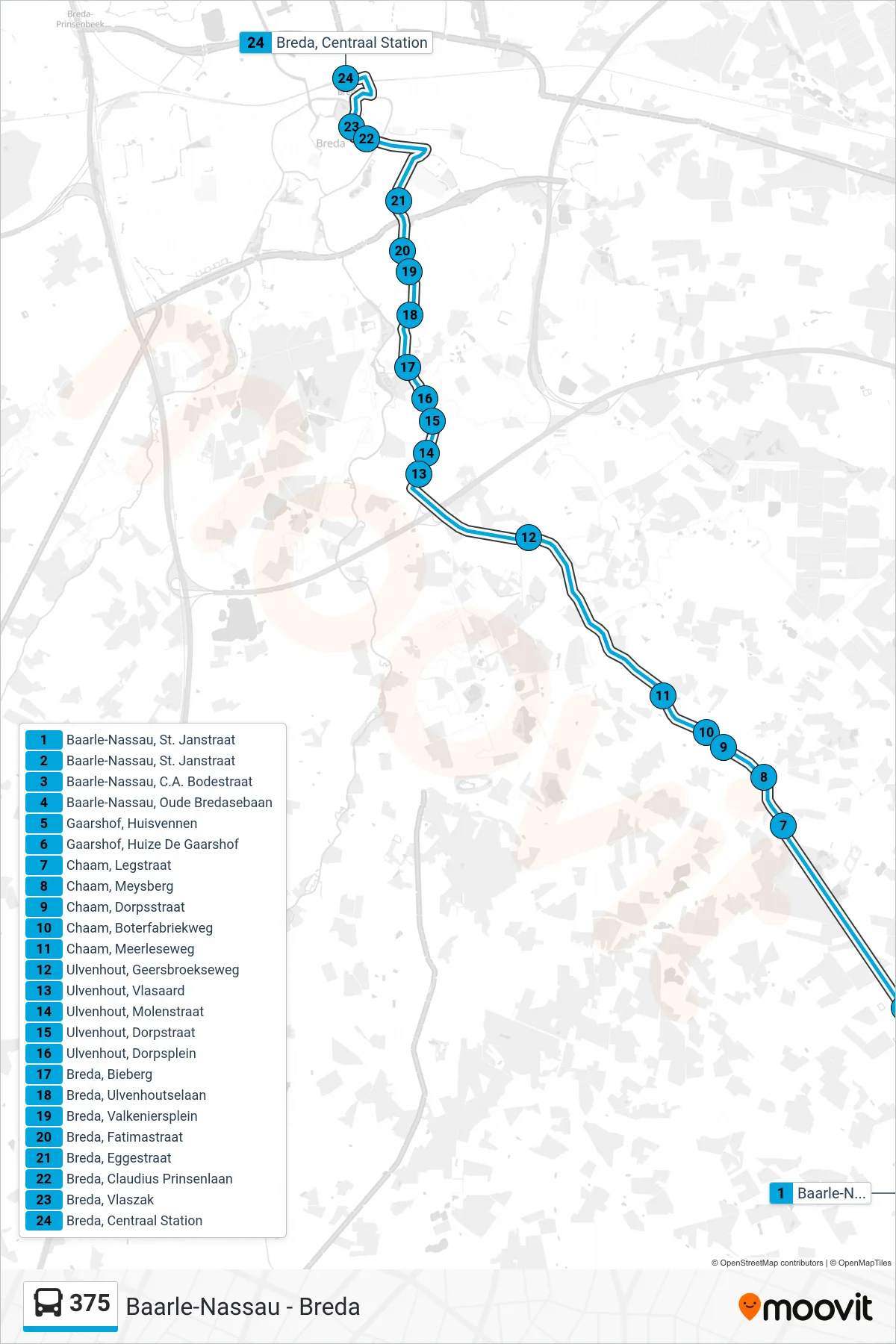 375 bus Line (Breda) route and stops on a map