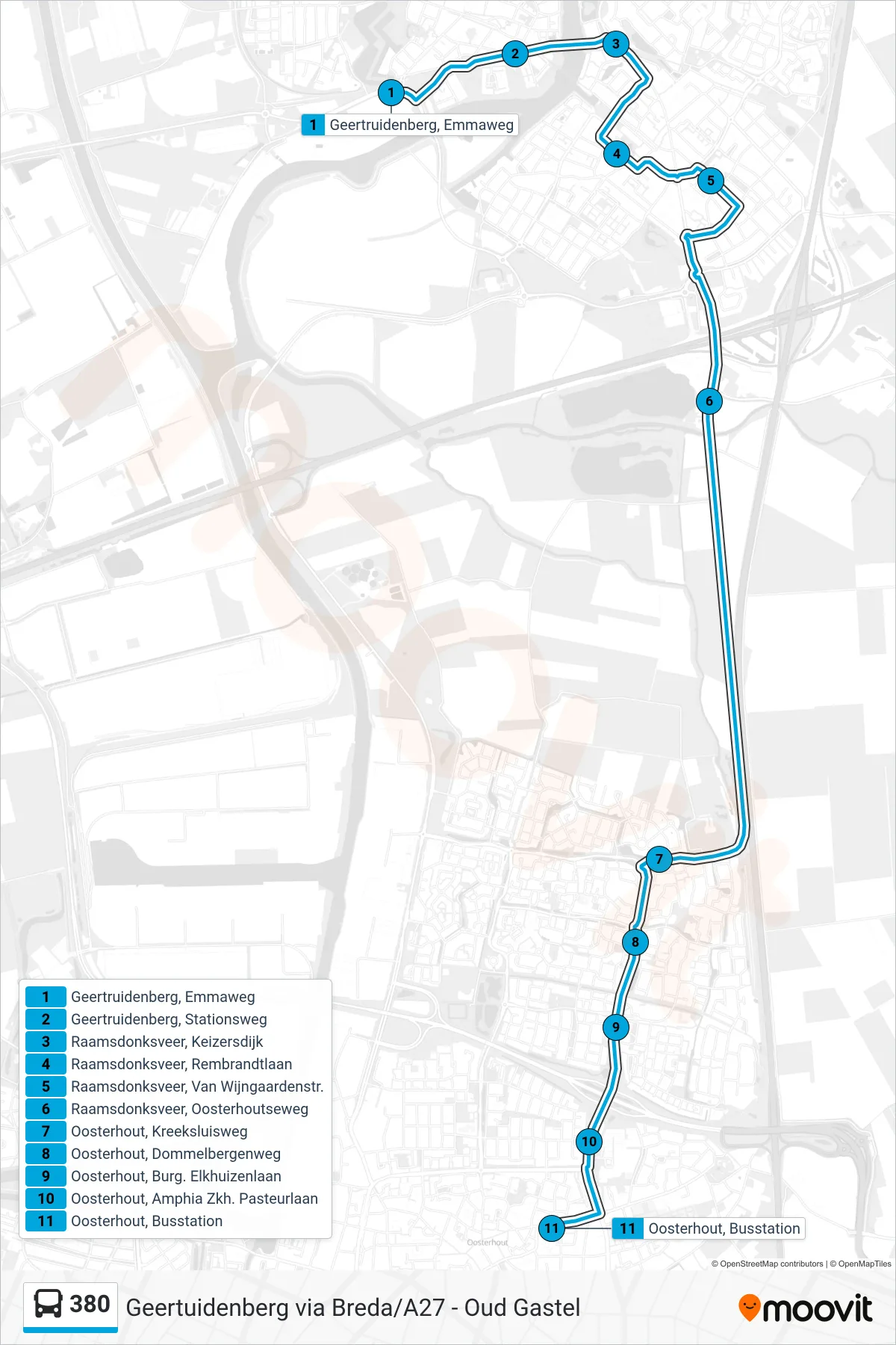 380 bus Line (Oosterhout) route and stops on a map