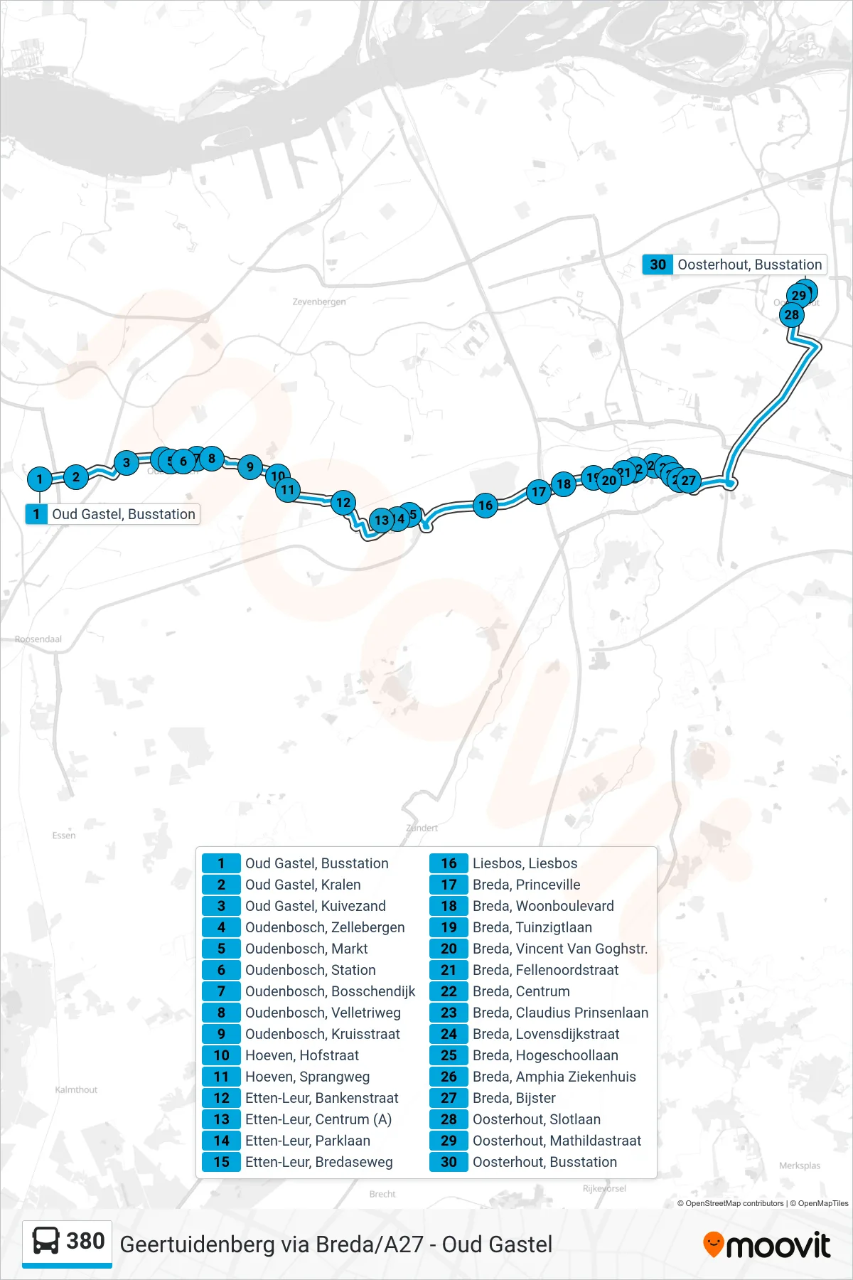 Lijn 380 (bus, Oosterhout): route en haltes op de kaart