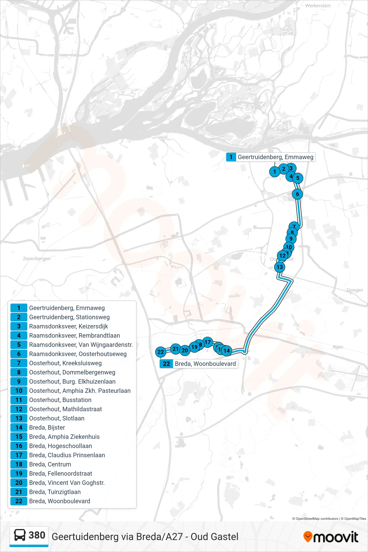 380 bus Line (Breda) route and stops on a map