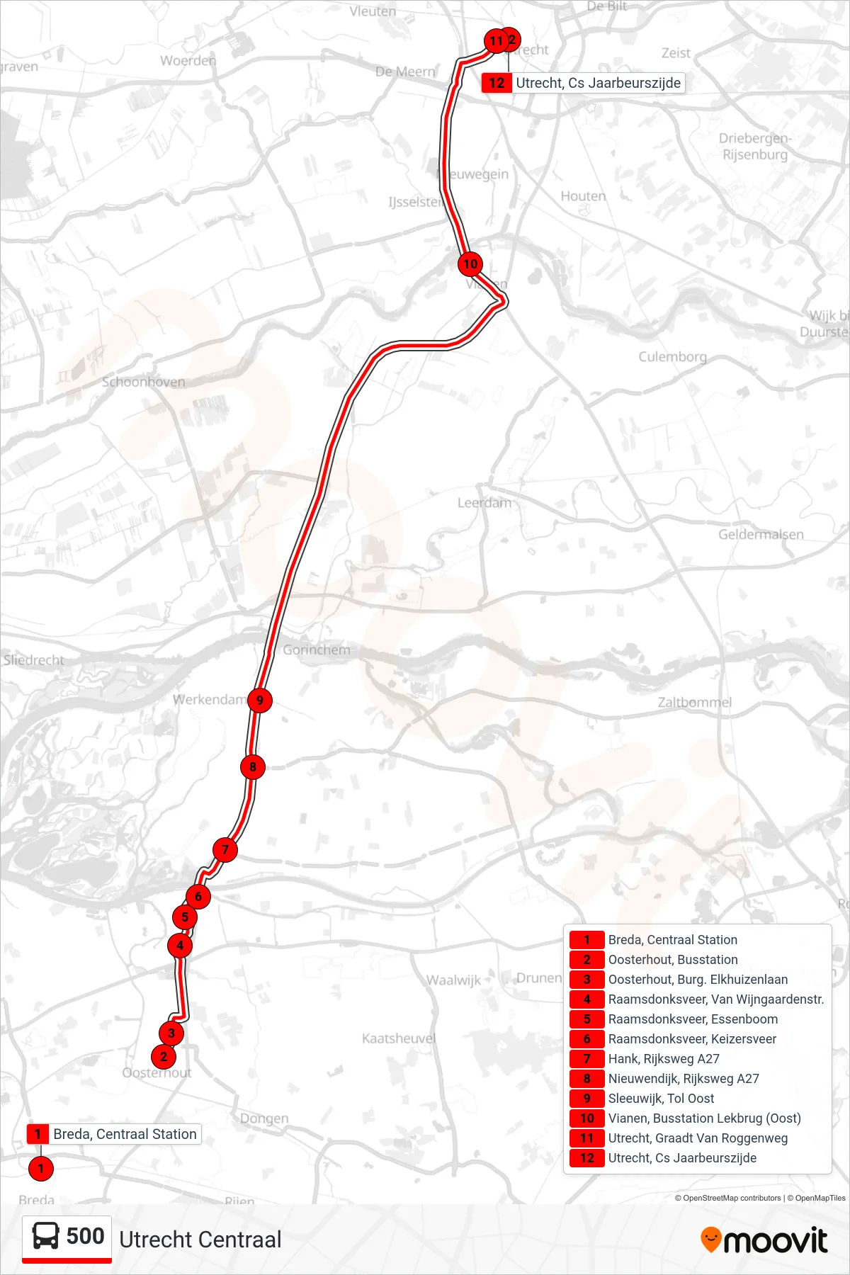 500 bus Line (Utrecht Centraal) route and stops on a map