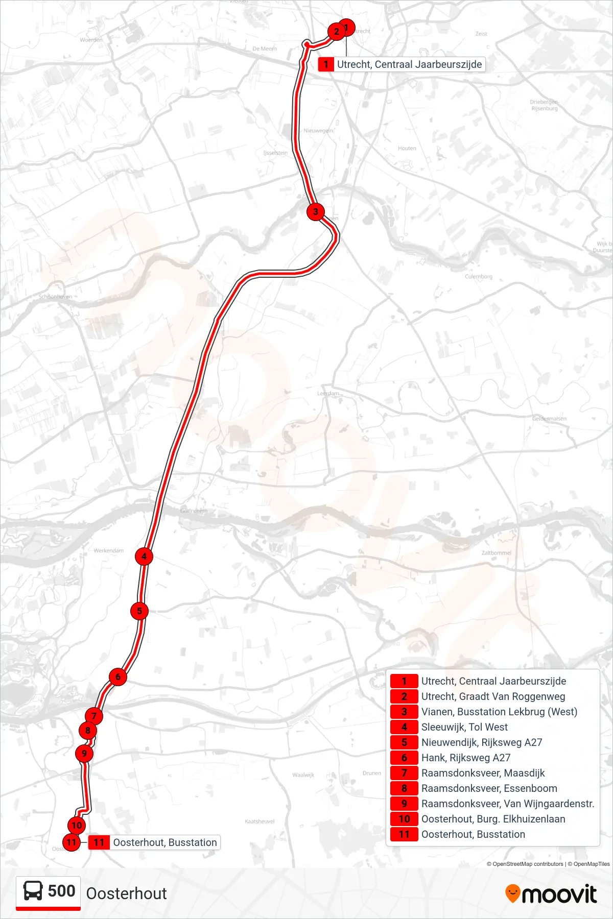 Lijn 500 (bus, Oosterhout): route en haltes op de kaart
