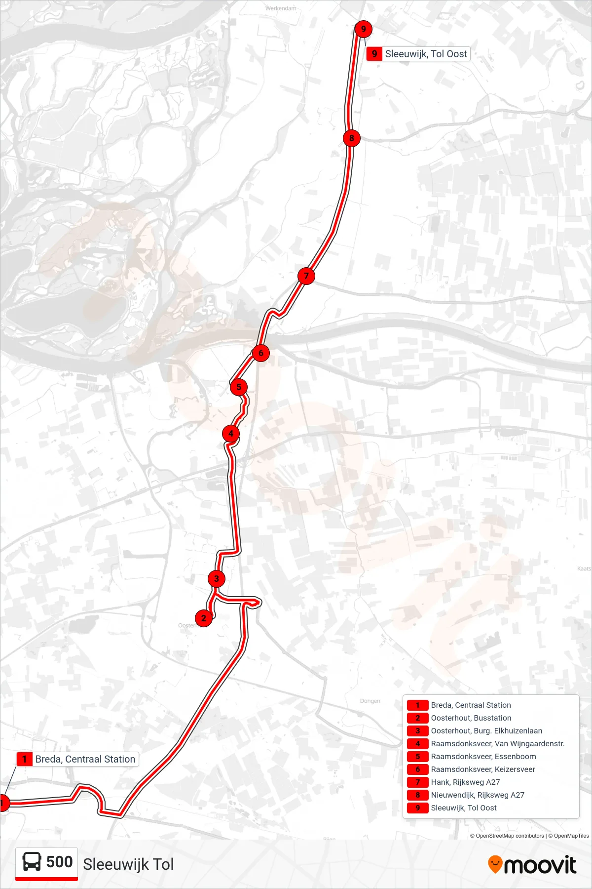 Lijn 500 (bus, Sleeuwijk Tol): route en haltes op de kaart