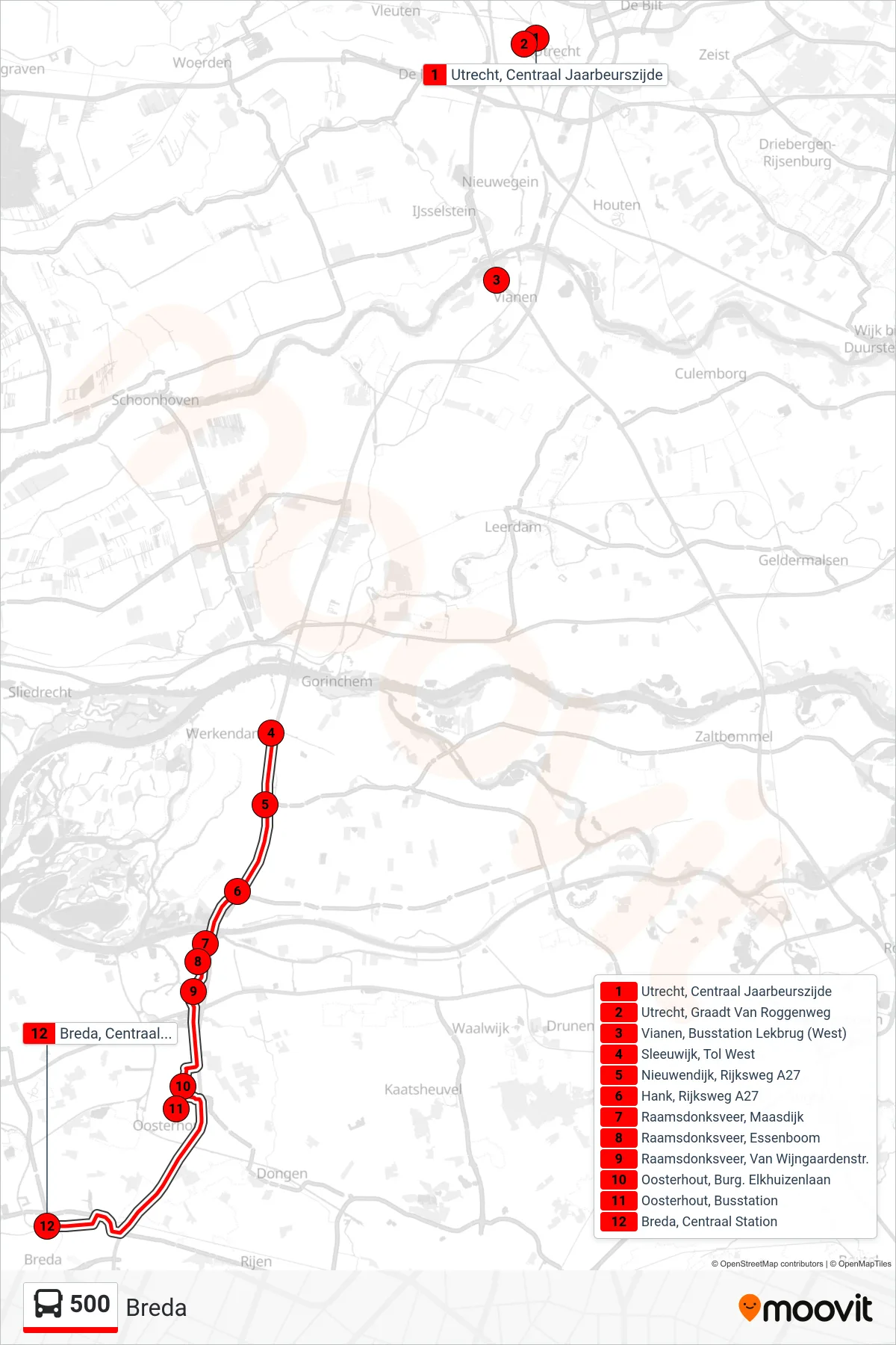 500 bus Line (Breda) route and stops on a map