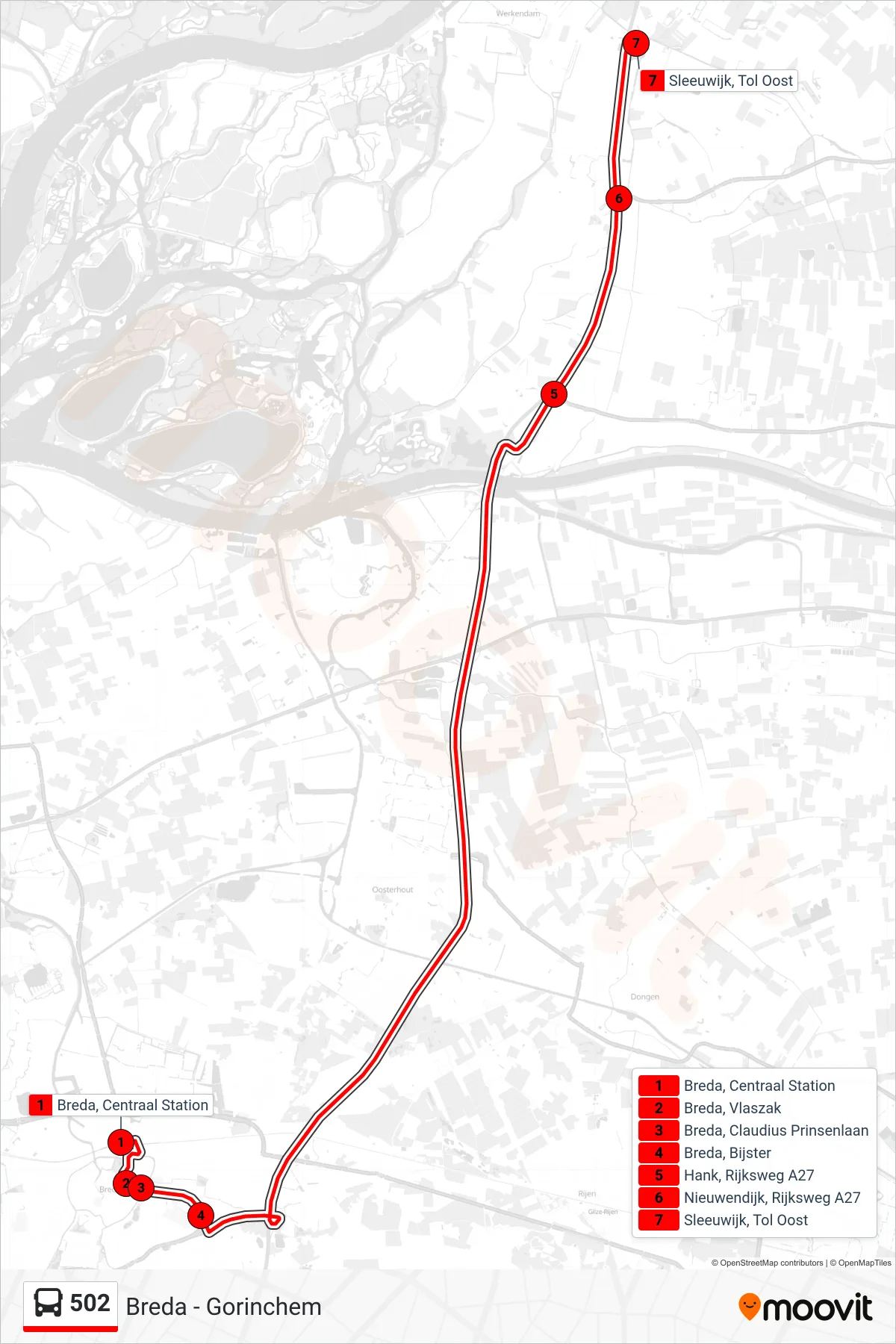Lijn 502 (bus, Sleeuwijk Tol): route en haltes op de kaart