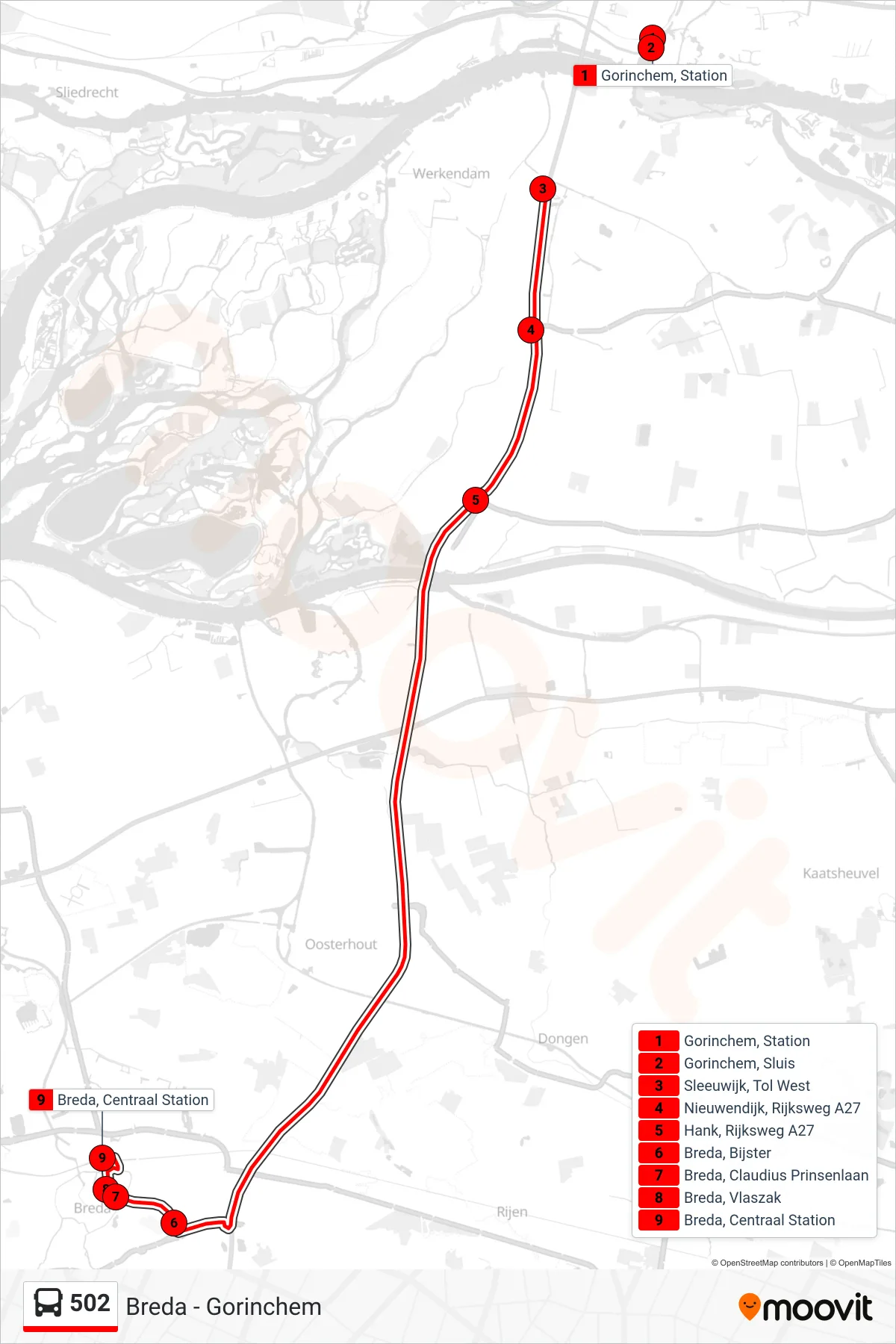 Lijn 502 (bus, Breda): route en haltes op de kaart