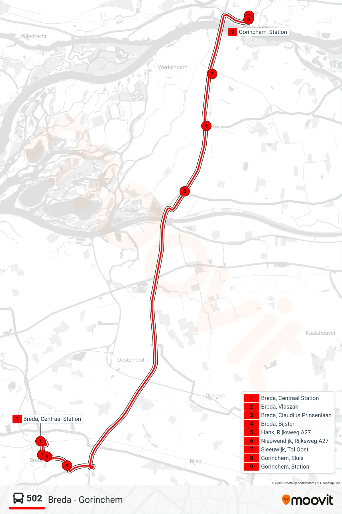 Lijn 502 (bus, Gorinchem): route en haltes op de kaart