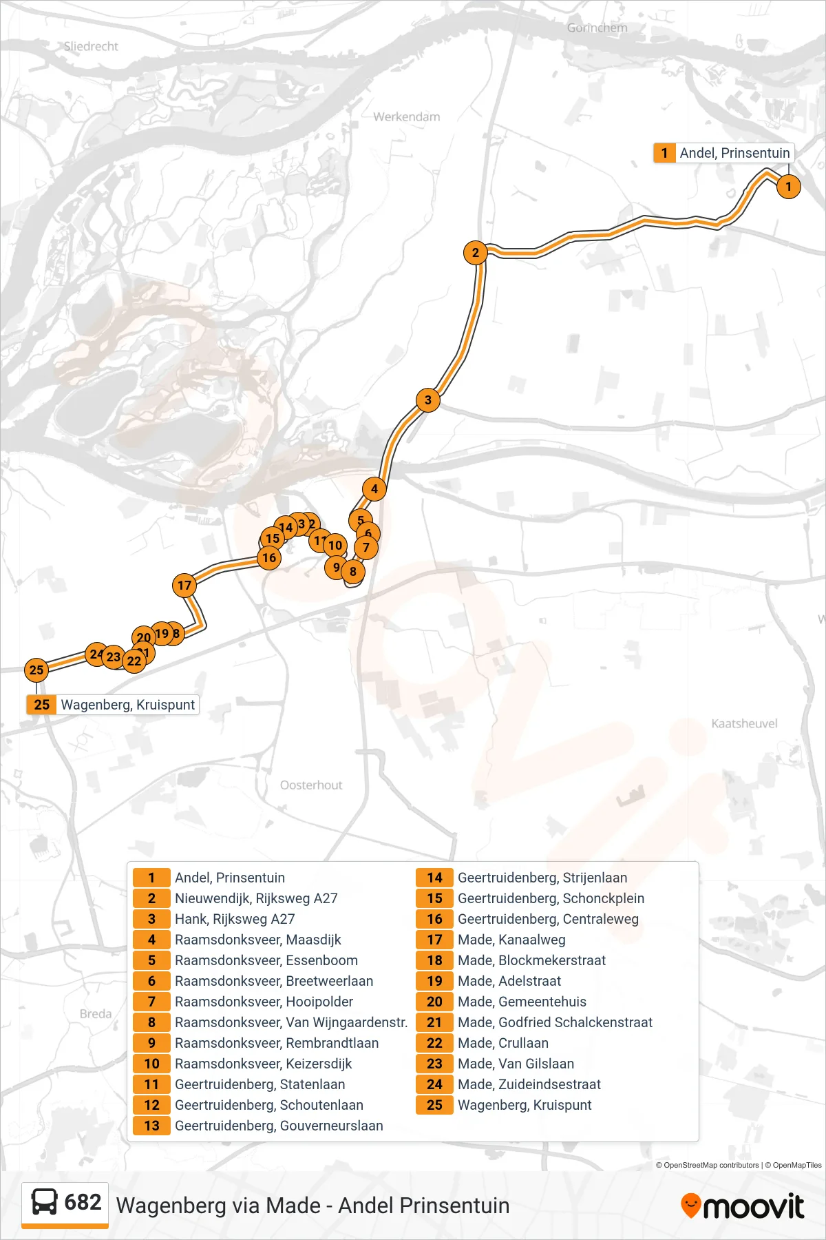 682 bus Line (Wagenberg) route and stops on a map