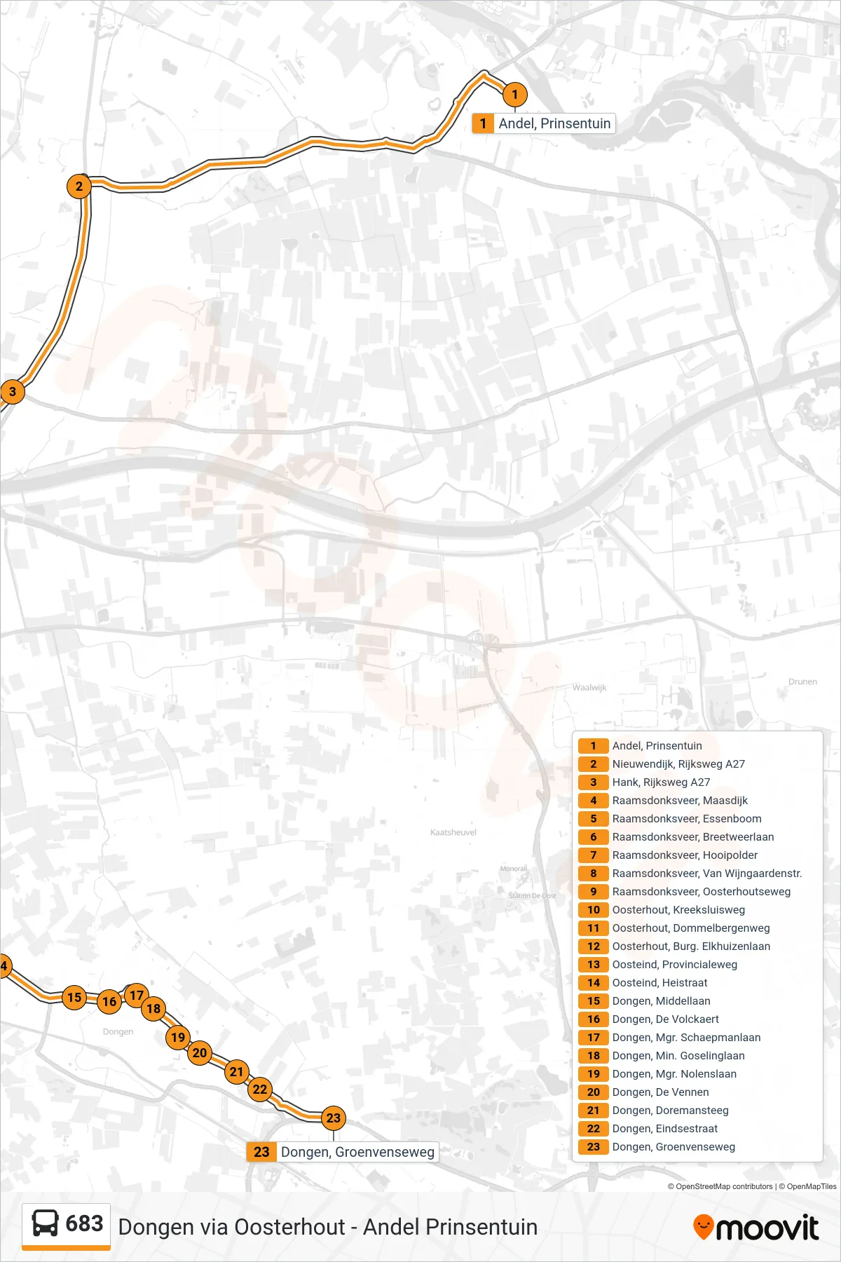 683 bus Line (Dongen) route and stops on a map