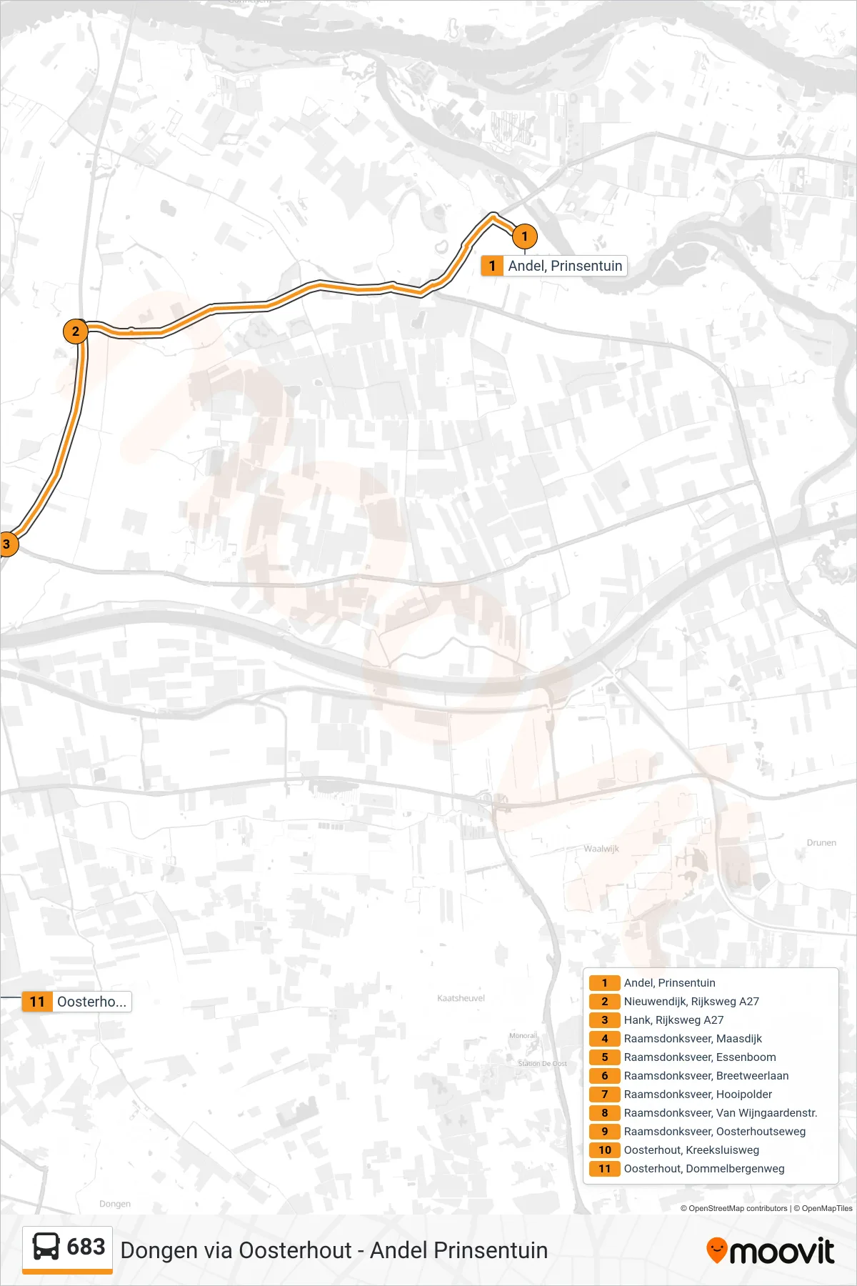 Lijn 683 (bus, Oosterhout): route en haltes op de kaart