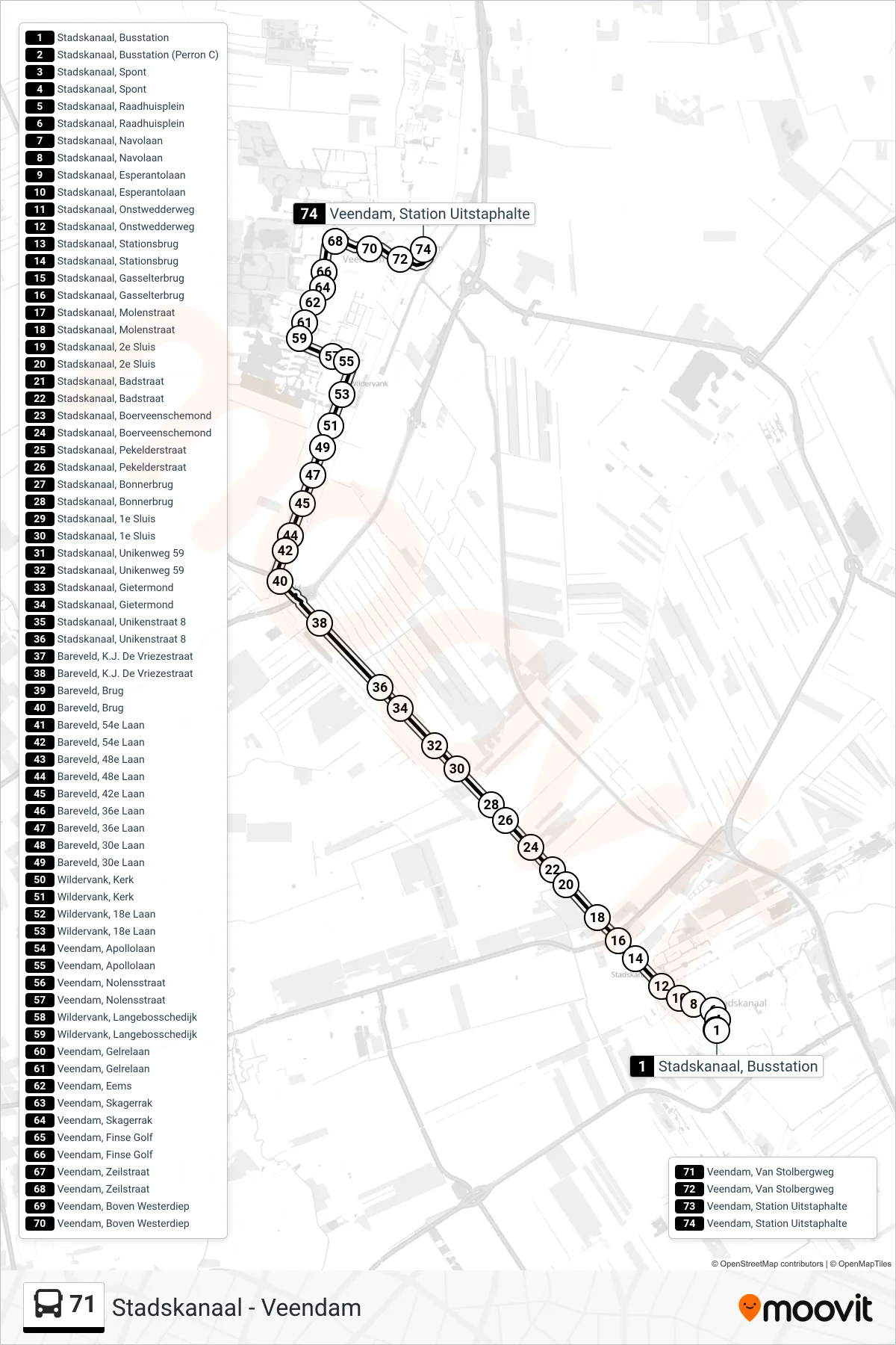 Lijn 71 (bus, Veendam): route en haltes op de kaart