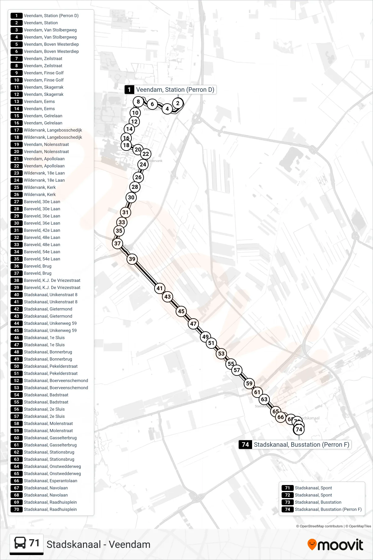 Lijn 71 (bus, Stadskanaal): route en haltes op de kaart