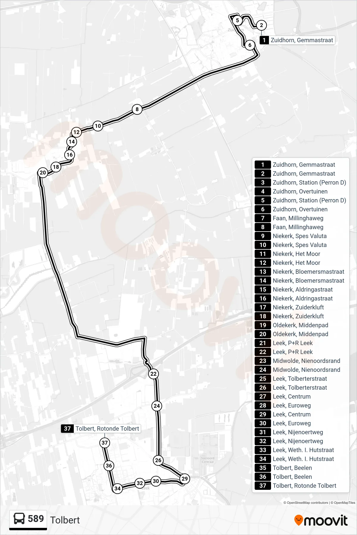 Lijn 589 (bus, Tolbert): route en haltes op de kaart